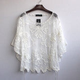 Summer Casual Loose Oversized Thin Mesh Embroidery Floral Batwing Cloak Cape See-Through Lace Poncho Jacket Feminino