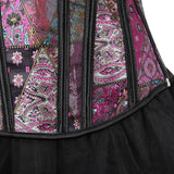 Women&#39;s Victorian showgirl Gothic Corset Vest with Bubble Skirt Renaissance Brocade Lace Up Strap Purple Corset Top Dress Set