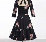 Black Elegant Bow Tie Floral Sweetheart Rockabilly Party Three Quarter Sleeve Autumn Backless Vintage Dress