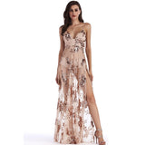 3 Color High Waist Two Split Spaghetti Straps Sequin Long Mesh Double Side Slit Maxi Nightclub Dress