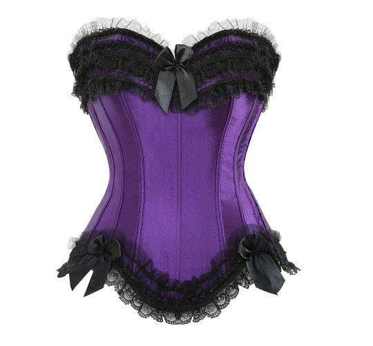 Sexy Satin Overbust Corset and Bustiers Tops with side Zipper Lace Bowknot Decorated Showgirl Body Shaper Plus Size XS-6XL