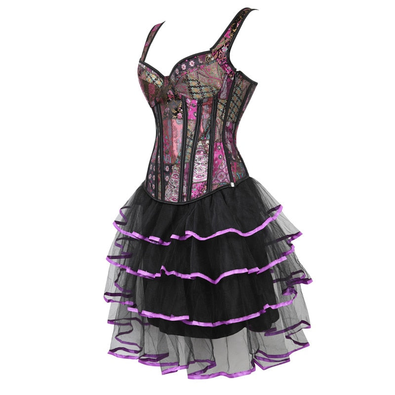 Women&#39;s Victorian showgirl Gothic Corset Vest with Bubble Skirt Renaissance Brocade Lace Up Strap Purple Corset Top Dress Set