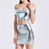 Women Skinny Shiny Laser Holographic Mini Hollow Out Patchwork Low Cut Dresses