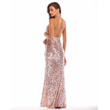 Rose Gold Sequin Long Backless Halter Sexy Sashes Chic Wrap Robe Elegant Evening Party Maxi Dress