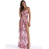 3 Color High Waist Two Split Spaghetti Straps Sequin Long Mesh Double Side Slit Maxi Nightclub Dress