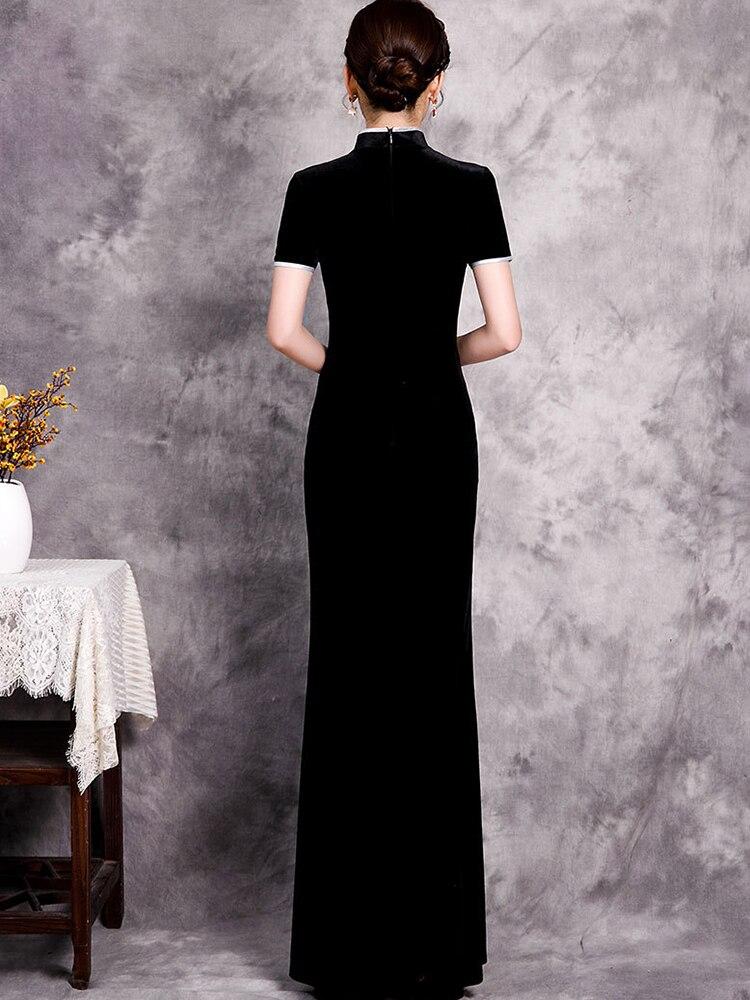 High neck Short Sleeve Evening Dress Vintage Velor Sequins Women Formal Robes Black Elegant Vestidos