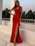 Side Split Sleeveless Formal Evening Dress Double V Neck Mermaid Women Party Gowns Tafftla Ruffle Floor Length Vestido
