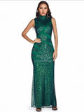 High neck Sleeveless Mermaid Party Dress Sequins Women Formal Dress Elegant Evening Dress Vestidoes Prom Gowns