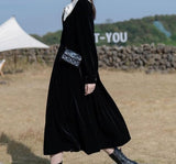 Black Vintage Velvet Dress Women Kawaii One Piece Dress Korean Fashion Long Sleeve Elegant Midi Dress Bow Design 2021 Winter