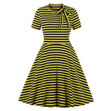 Vintage White and Black Striped Tie Neck Cut-out A Line Skater 95% Cotton Short Sleeve Autumn Casual Dress