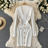 Autumn Winter Long Sleeve Office Elegant Knitted Dress Women Button Embellished Deep V Neck Sexy Mini Bodycon Dress