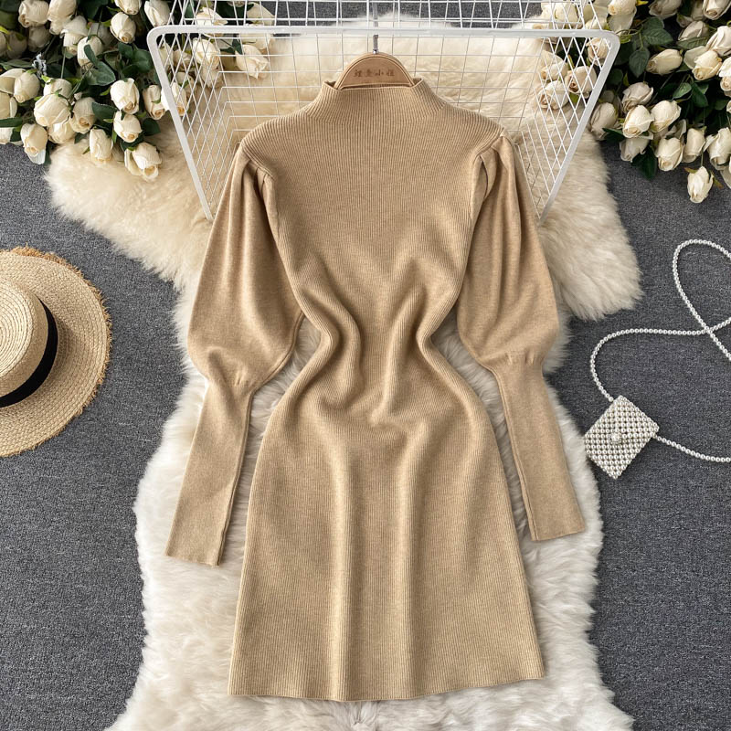 Autumn Winter Mini Dresses For Women Elegant Mock Neck Puff Sleeve Knitted Dress Solid Ribbed Sexy Bodycon Dress