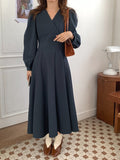 Elegant Office Lady Belted Faux Wrap Dress V Neck Long Sleeve Vintage Midi Dress