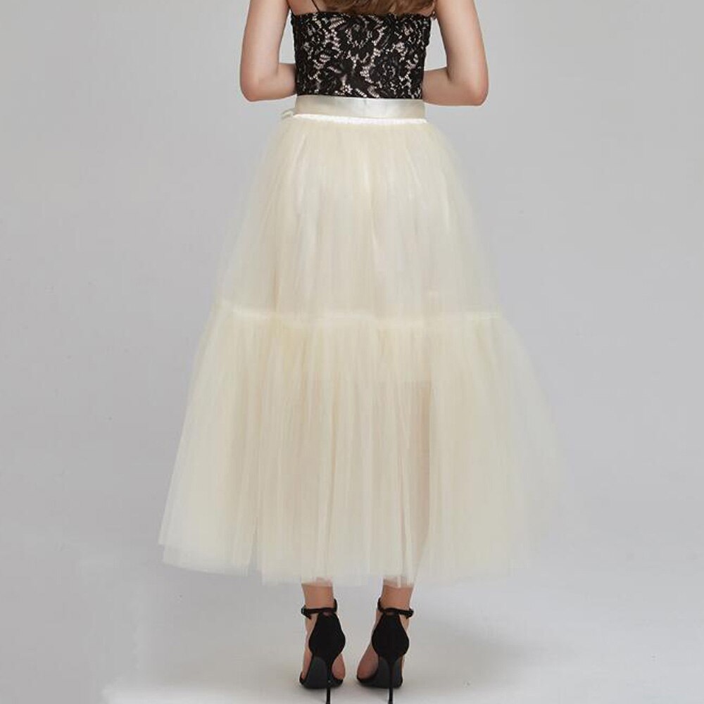 Black Long Summer Tulle Skirt Women Korean Fashion Solid Puffy Retro Party Skirt Petticoat