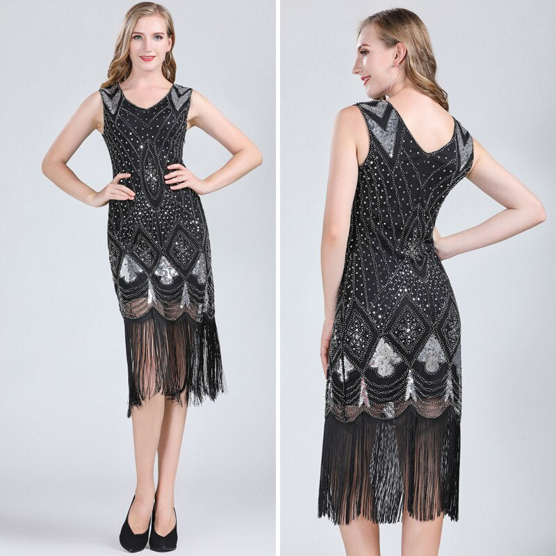 Roaring 1920s Flapper Vintage Evening Party Gown Embellished Sequin Tassel Midi Dress