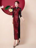 Fashion Sequins Embroidered Evening Dress Side-Slit Formal Occasion Women Black Red Long-Sleeve Tea-Length