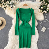 Autumn Winter Mini Dresses For Women Sweetheart Neck Long Sleeve Elegant Ribbed Knitted Dress Sexy Bodycon Dress
