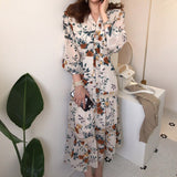 Spring Autumn Women Chiffon Floral Elegant Dress Boho Maxi Lace Long Sleeve Branco Beach Vestidos