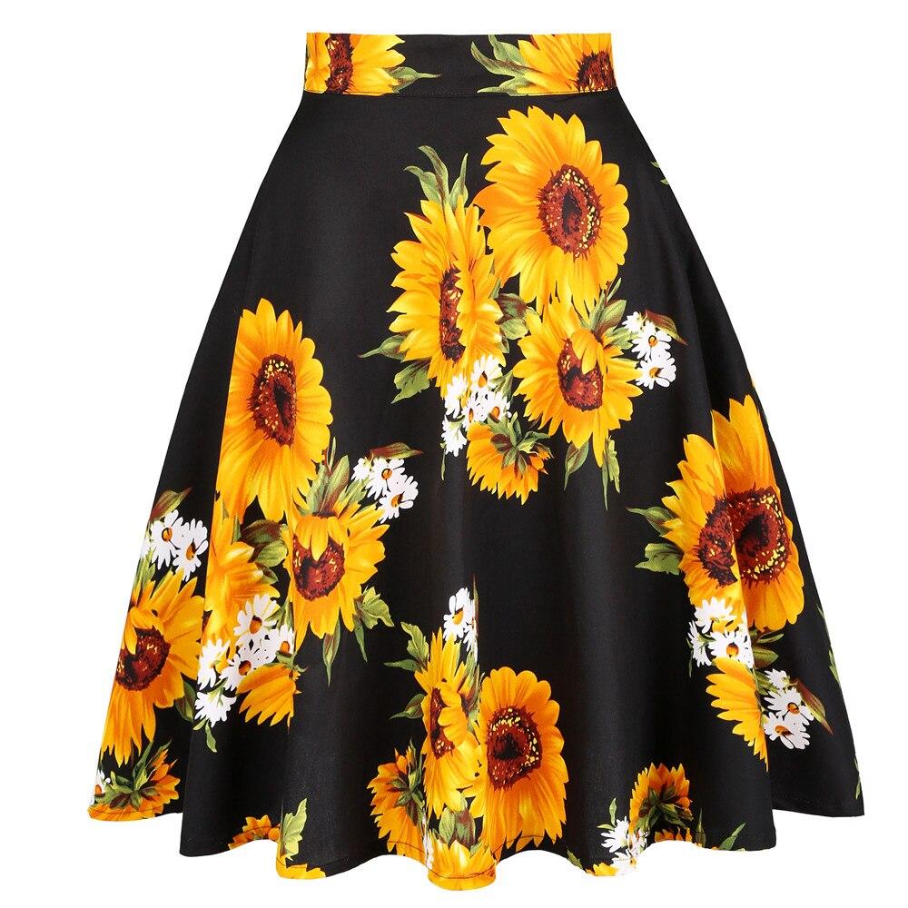 2023 Cotton Retro Vintage Women Swing Skirt Sunflower Printed Plus Size A-Line Knee-Length High Waist Big Swing 60s 50s Skirts
