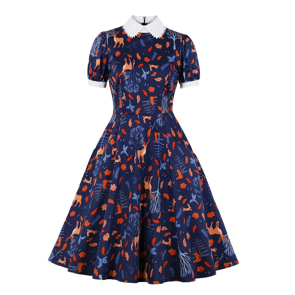 2023 Christmas Women Party Retro Dress Cotton Floral Print Turn Down Collar Short Sleeve Pin Up Rockabilly Swing Casual Sundress