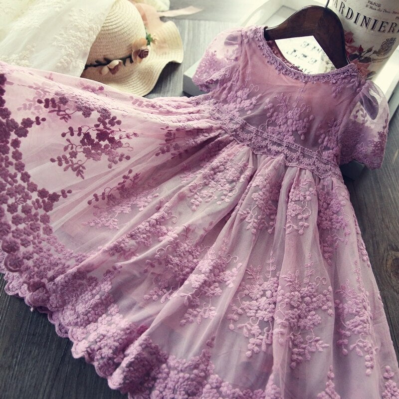 Girls White Lace Flower Embroidery Dresses Summer Short Sleeve Clothes For Kids Party Princess Dress Children Birthday Ball Gown