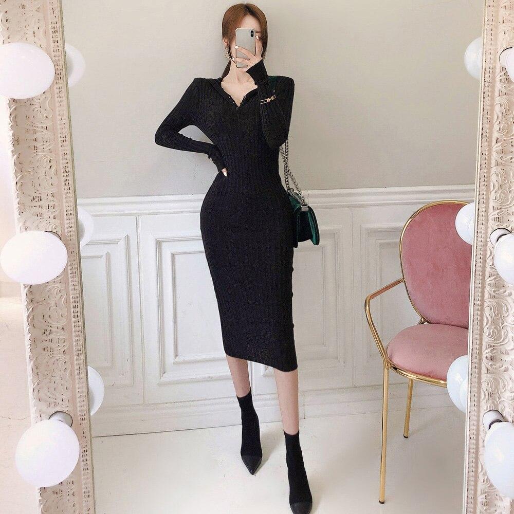 Sweater Dresses For Women Winter Hooded Long Sleeve Ribbed Knitted Bodycon Sexy Elegant Midi Dress