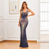 New Sexy Deep V Neck Black Gold Sequin Evening Women Sleeveless Party Maxi Dress Long Prom Dress