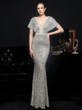 Women White Sequin V Neck Beaded Party Dress Elegant Prom Dress