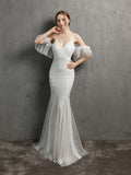 Women White Color Sexy V Neck Spaghetti Straps Sequin Evening Dress Elegant Off Shoulder Party Dress