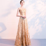 Luxury Long Evening Dress Rose Gold Sleeveless Vestido Sequins Dinner Gowns O-neck A-line Formal Party Prom Gowns