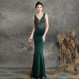 Navy Blue V-neck Appliques Beaded Long Evening Dress See through Elegant Evening Party Dress