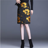 Women Office Black Flowers Print High Waist Bodycon Korean Style Knee Length Pencil Skirt