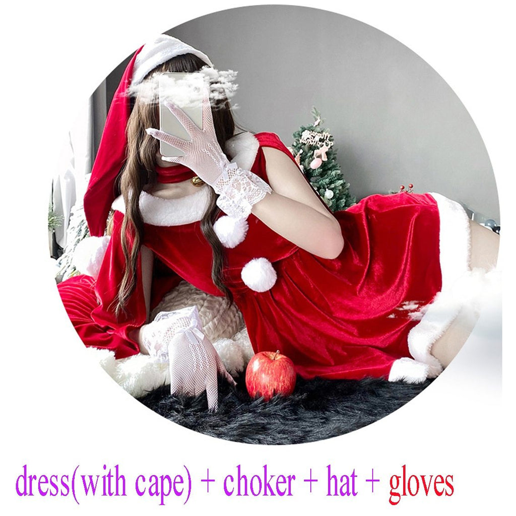 2021 Women Christmas Xmas Party Sexy Lady Santa Claus Cosplay Costume Lingeries Winter Red Dress with Cape Maid Uniform