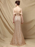 Sexy Bra Evening Party Maxi Dress Gold Sequin Off Shoulder Bodycon Elegant Wedding Women Prom Dresses