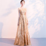 Luxury Long Evening Dress Rose Gold Sleeveless Vestido Sequins Dinner Gowns O-neck A-line Formal Party Prom Gowns