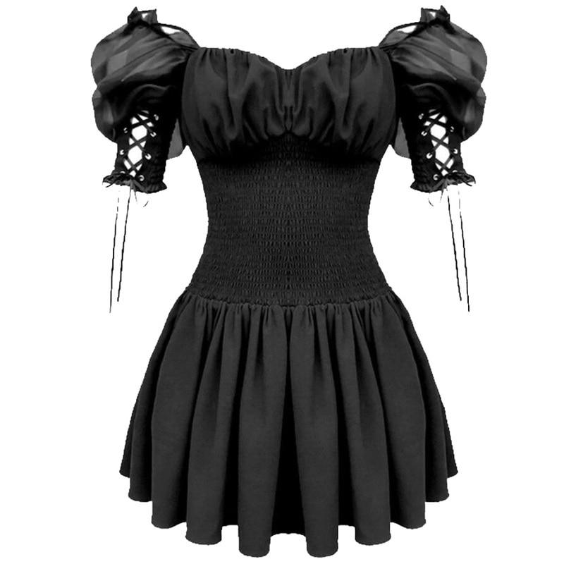 2023 New Arrival Summer Gothic Girls Dress Black Women Short Sleeve Sexy Club Female Slash Neck A-Line Party Dresses