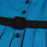 Blue Elegant Notched Collar Belted High Waist Vintage Single-Breasted Pleated Pinup Ladies Dress
