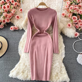 Women Crew Neck Long Sleeve Basic Casual Knitted Warm Knee Length Midi Dress Elegant Bodycon Dress