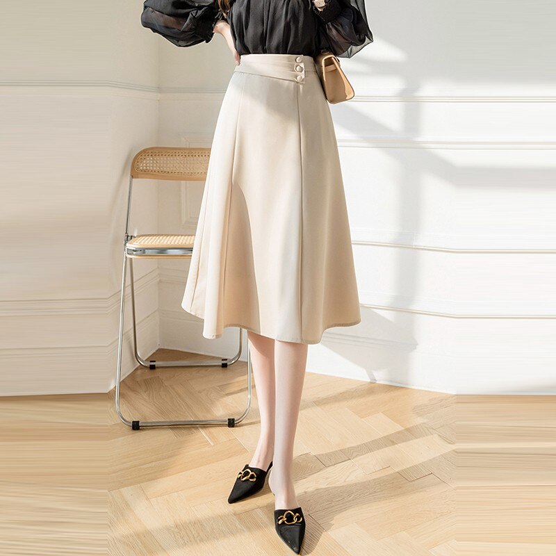 Office Lady Elegant A-line Long Korean Style Solid Color High Waist Women Casual Skirt