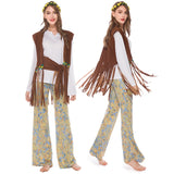 Adult Women Funny Vintage Hippie Tassel Floral Printed Costume Hippy Brown Clothes Outfit For Ladies