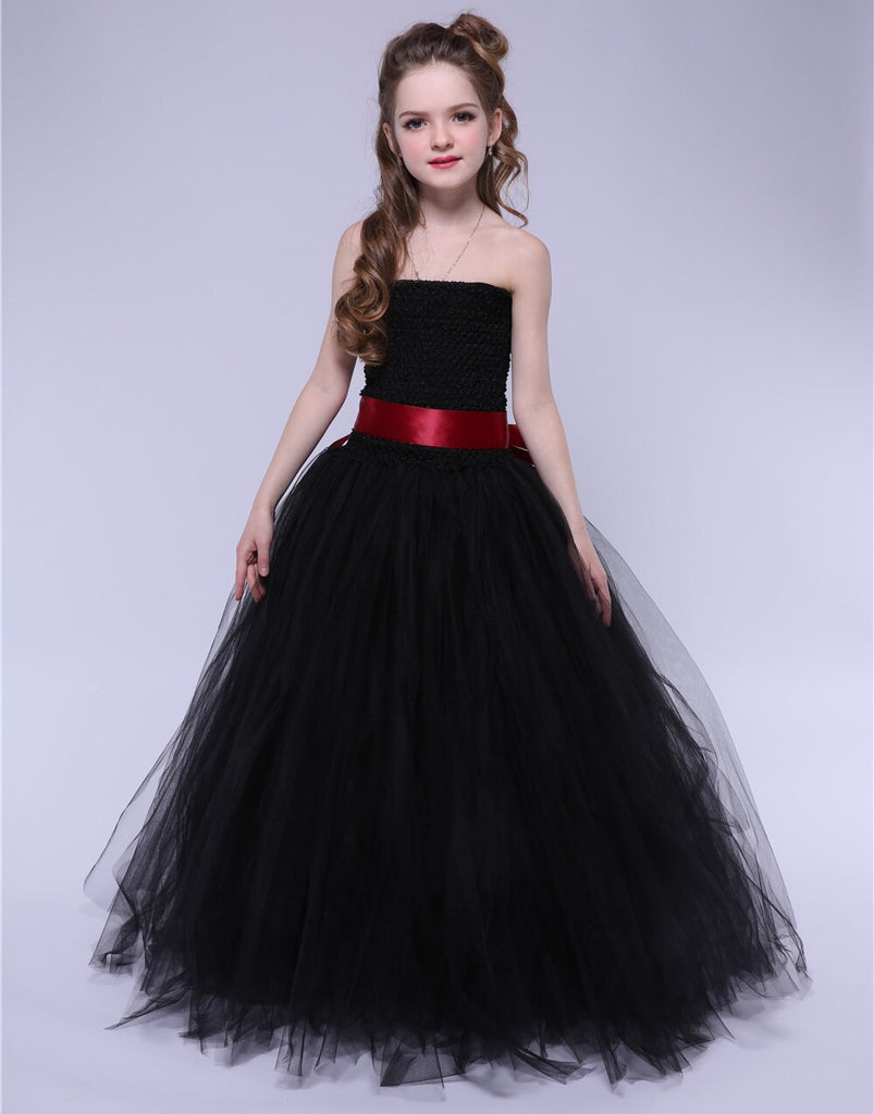 Solid Black Teenage Girls Long Evening Dress Kids Girl Off-shoulder Feet Dresses Princess Pageant Costumes Stage Shows Ball Gown