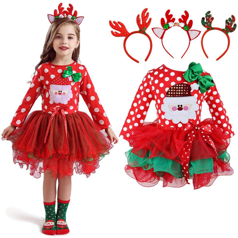 Toddler Baby Girls Christmas Dresses For Kids Princess Party Polka Dot Long Sleeve Snowman Santa Claus Costume Children Clothing