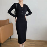 V Neck Long Sleeve Bodycon Ribbed Knitted Dress Autumn Winter Button Elegant Casual Midi Dress