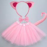 Girls Kids Birthday Pink White Black Cat Costume Set Ear Headband Skirt Bowtie Glove Tail Fancy Dress Outfit Halloween Christmas