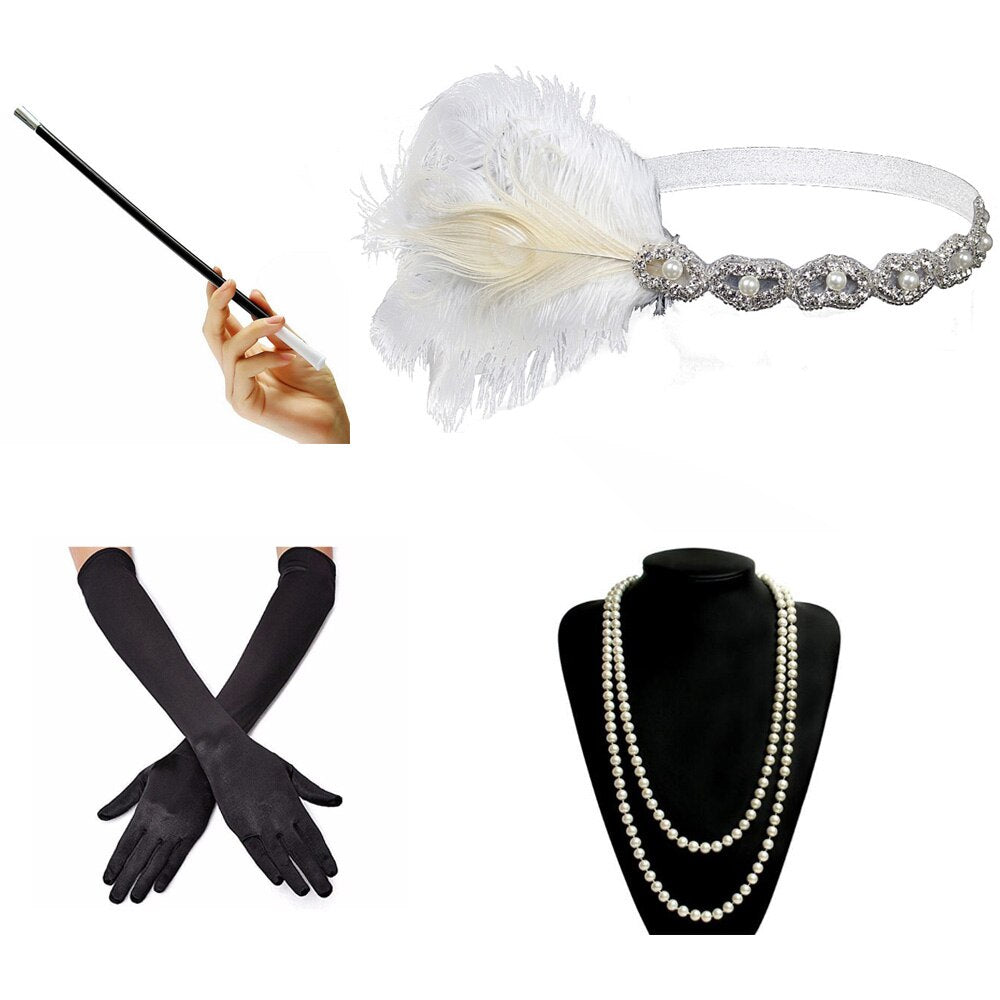 4 Pcs/Set 1920s Great Gatsby Party Costume Accessories Set 20s Flapper Feather Headband Pearl Necklace Gloves Cigarette Holder