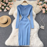 Elegant Ribbed Bodycon Midi Dress Winter Round Neck Long Sleeve Casual Knitted Sweater Dress