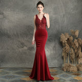 Navy Blue V-neck Appliques Beaded Long Evening Dress See through Elegant Evening Party Dress