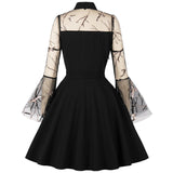 New S-4XL Women Gothic Sexy Midi Tunic Dress Autumn Black Mesh Patchwork See Through Flare Sleeve Drapped Solid Party Dresses