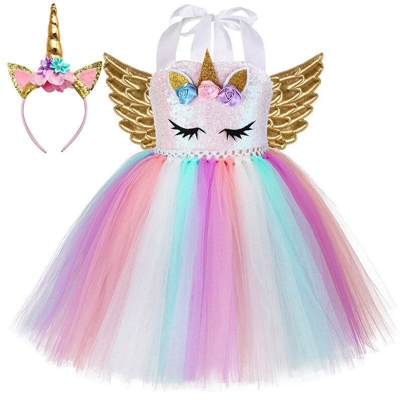 Pastel Sequins Girls Unicorn Dress with Wings Headband Outfit Toddler Baby Girl Unicorns Costumes for Halloween Birthday Dresses