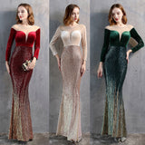 Velvet Sequins Elegant Mermaid Long Sleeve Cocktail Party Dresses Women Formal O-Neck Floor-Length Prom Vestidoes